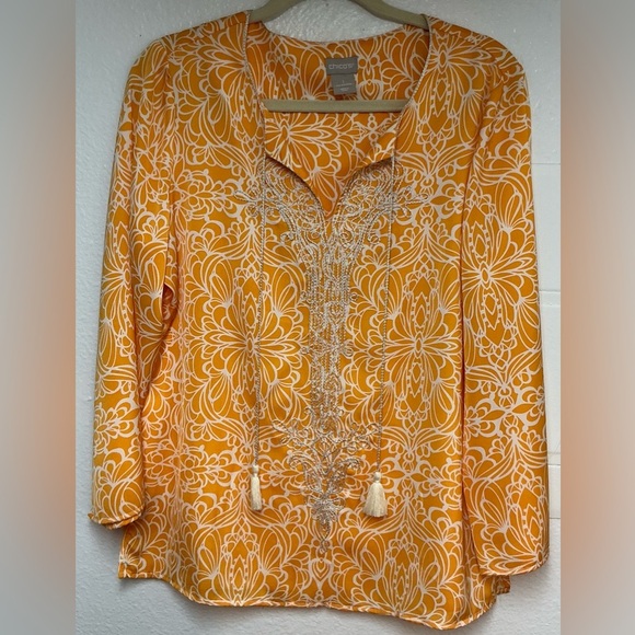 Chico's Tops - Chico's Orange Graphic Tunic with 3/4 Sleeves